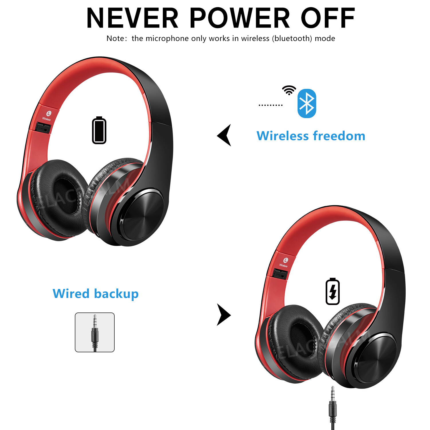 Red Wireless Hi-Fi Stereo Bluetooth Headphones Foldable Over Ear Headset PC TV