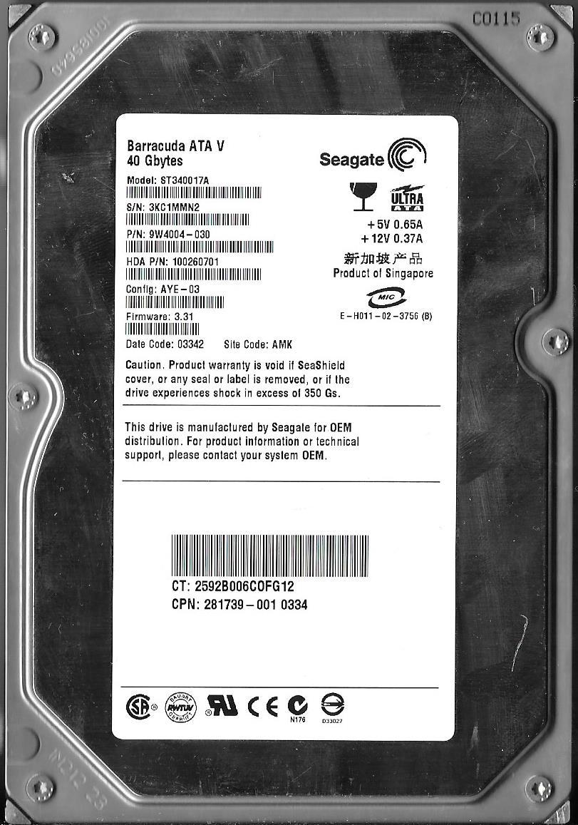 Seagate ST340017A 40GB IDE Hard Drive P/N: 9W4004-030 Site: AMK Firmware: 3.31