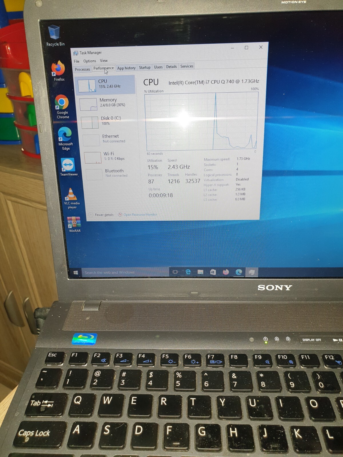 Sony VAIO INTEL CORE I7-Q740 1.73 GHz 16.4IN 320GB 8GB Ram Win10 Nvidia G330M