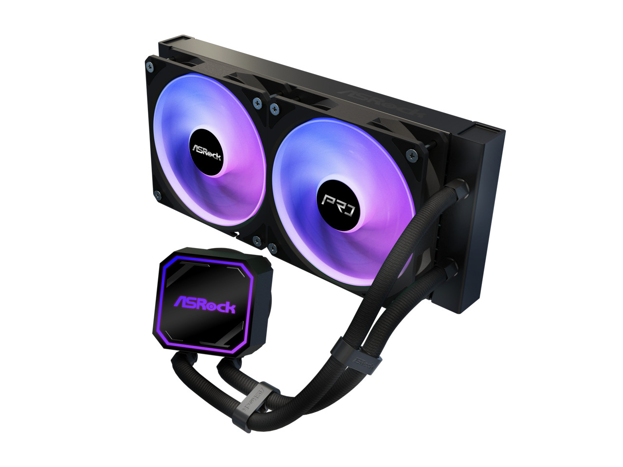 ASRock AIO Pro 240 ARGB 27mm radiator, ARGB waterblock, ARGB Hub-lighting fan, b