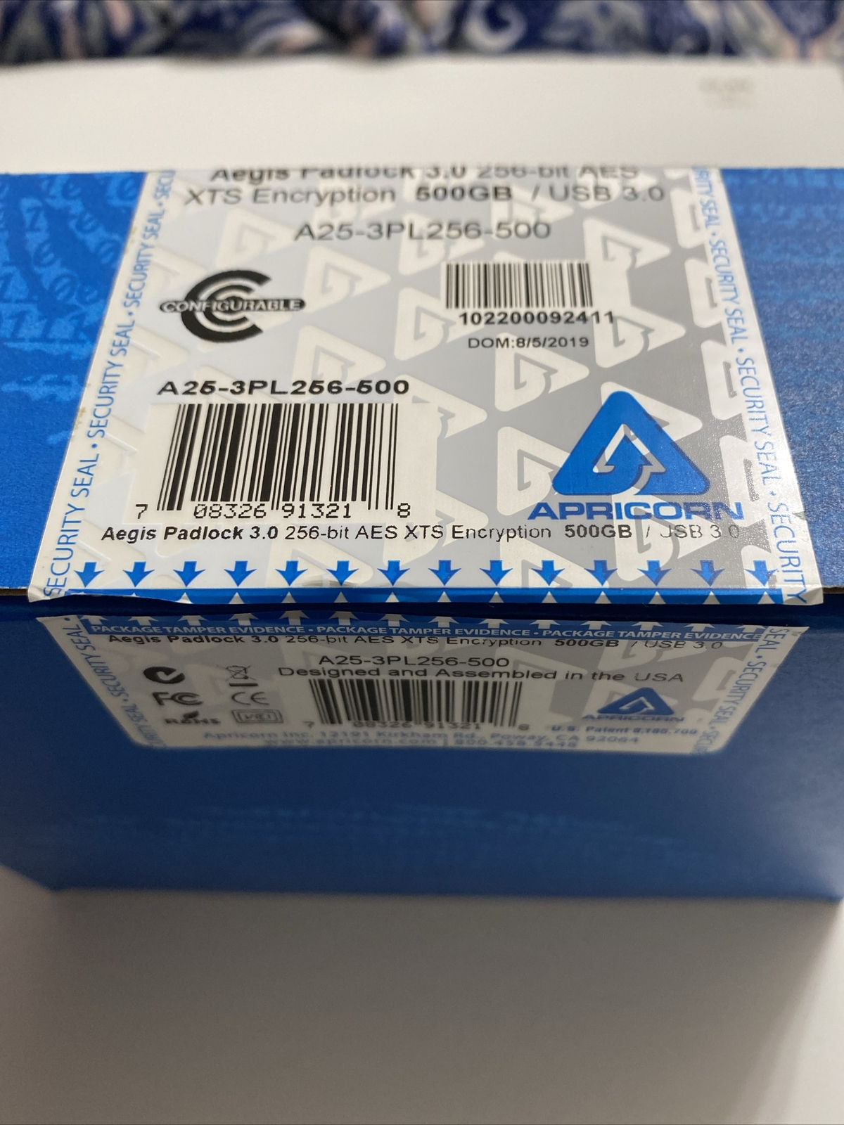 Apricorn Aegis Padlock USB3.0 256 AES Encryption 500GB Hard Drive A25-3PL256-500