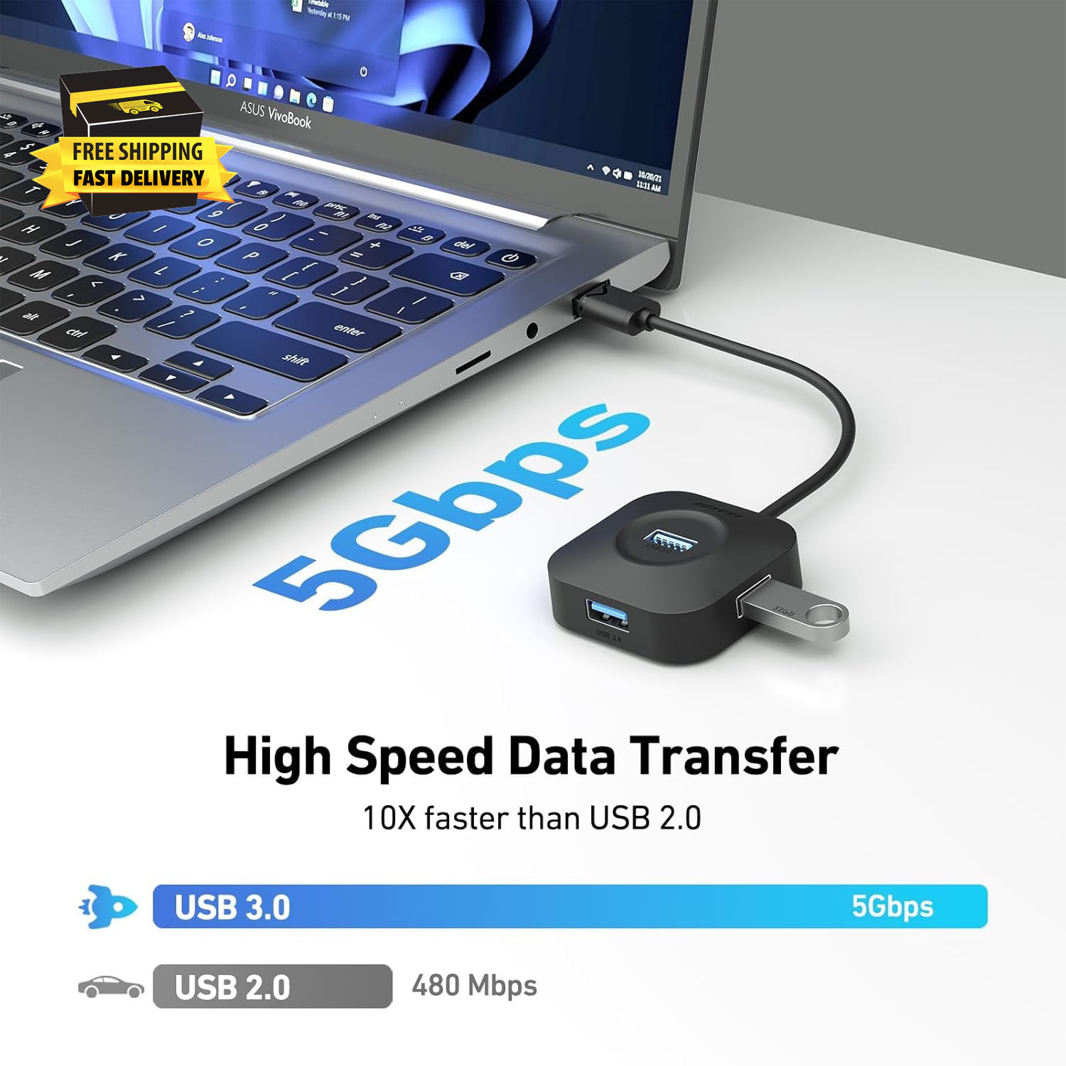 USB 3.0 Hub, 4 Ports USB a Splitter Ultra Compact for Mouse, Keyboard, Flash Dri
