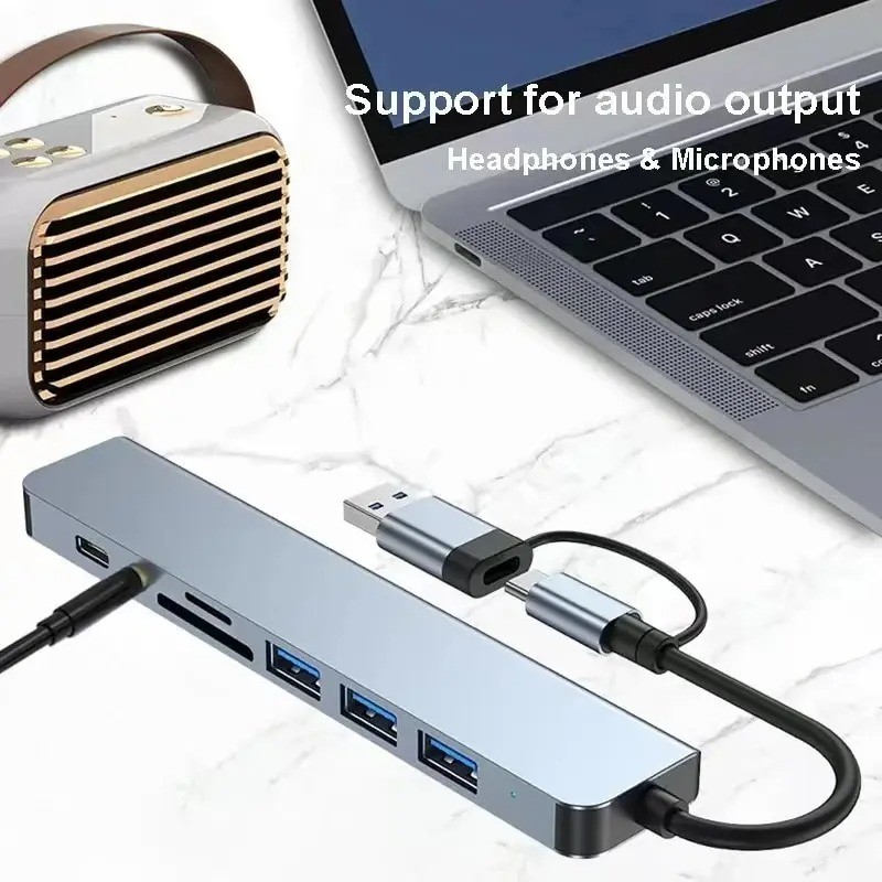 8-in-2 USB C HUB Docking Station USB 3.0 SD TF Card Reader 3.5mm Audio USA