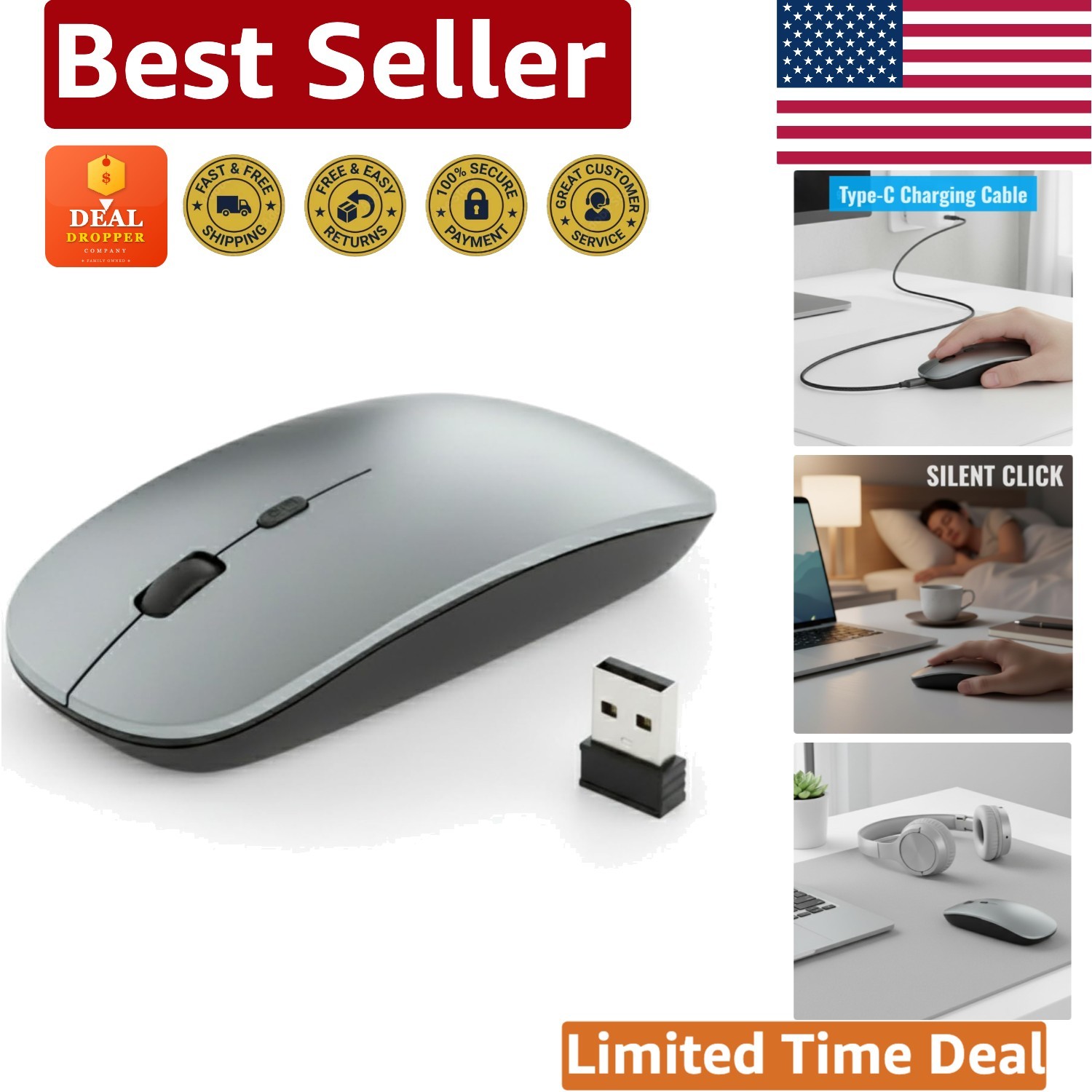 Ultra-Thin Ergonomic Wireless Mouse with Adjustable DPI – Ideal for All Devices