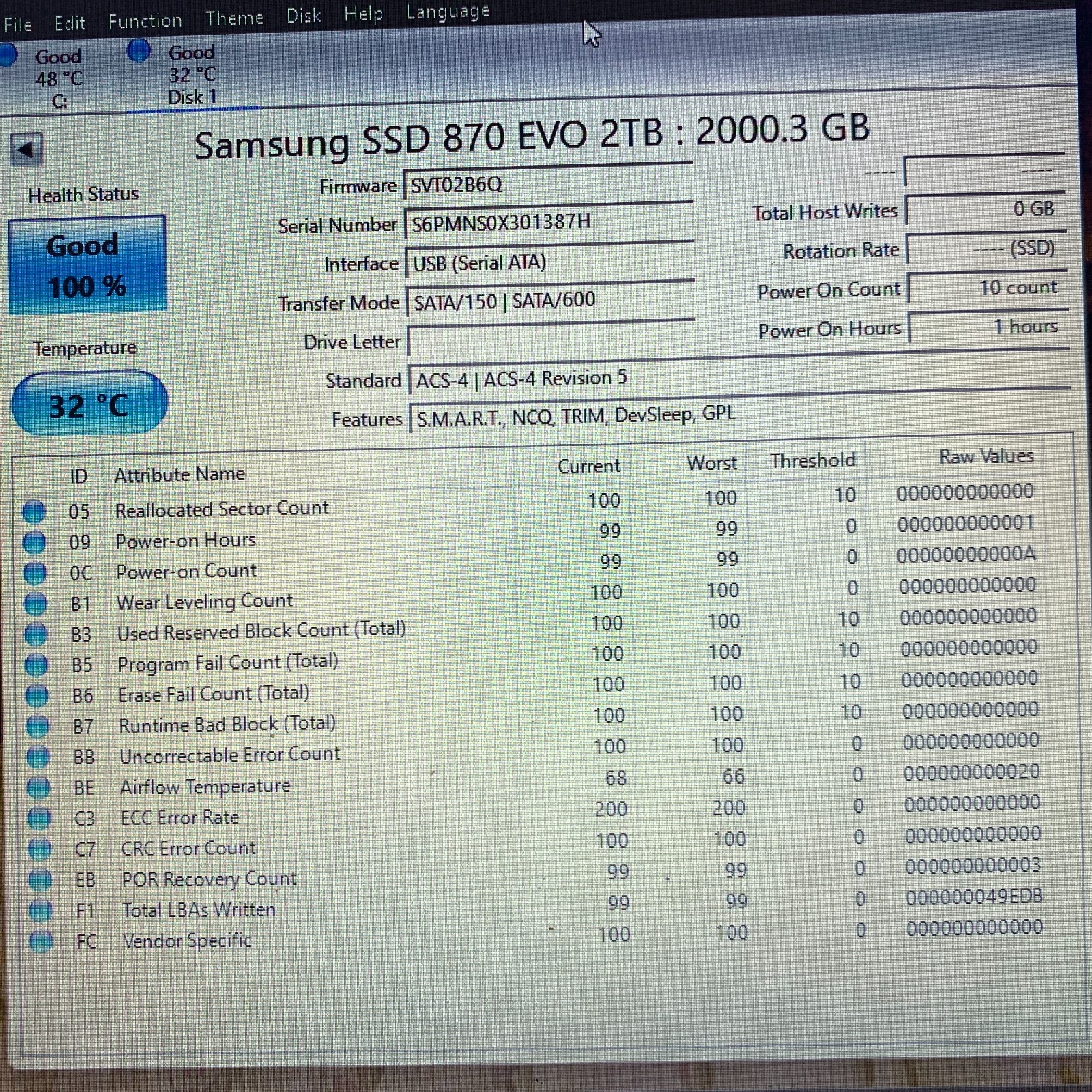 Samsung 870 EVO 2TB 2.5″ SATA III Internal SSD MZ-77E2T0 99-100% Health