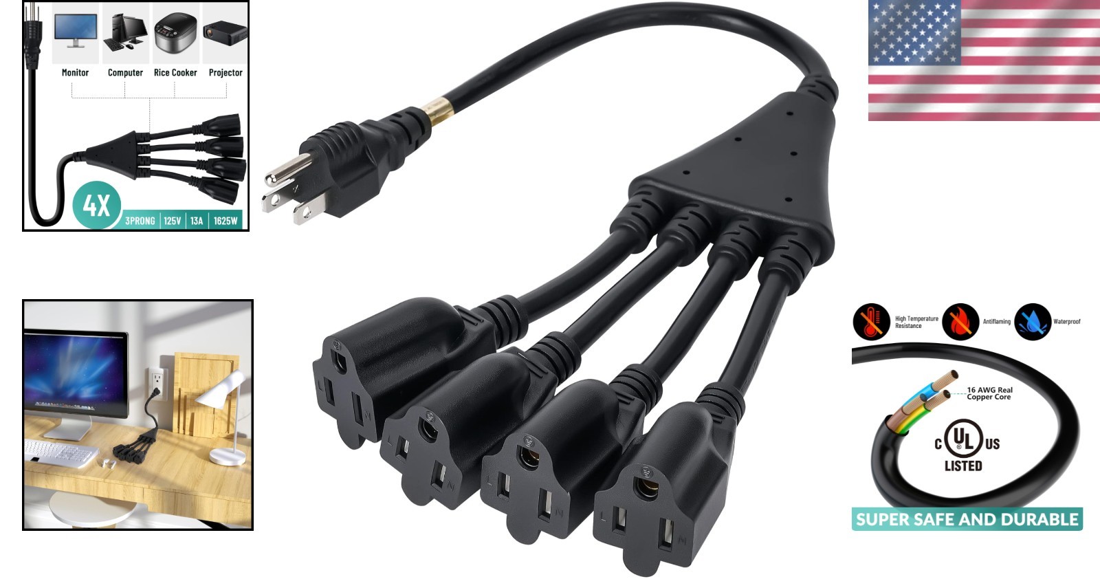 Efficient 4-Way Outlet Splitter – Heavy-Duty Black Extension Cable, 1.5 Ft
