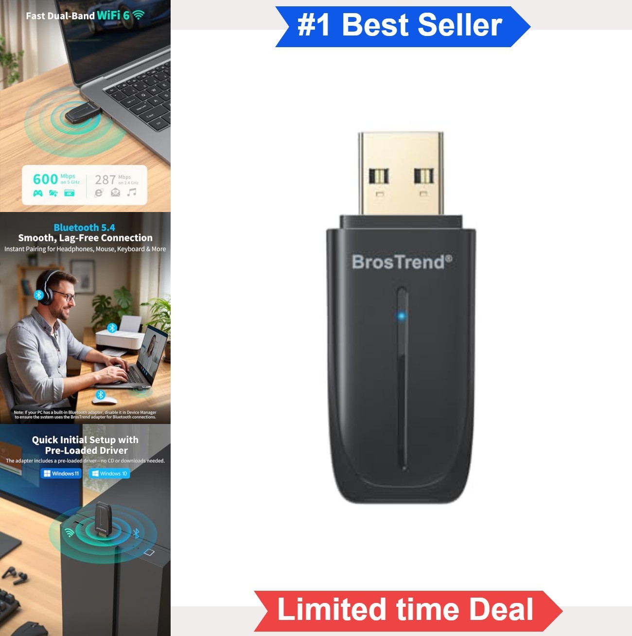USB WiFi 6 Bluetooth 5.4 Adapter Dual Band 600Mbps 5GHz 286Mbps 2.4GHz Built-in