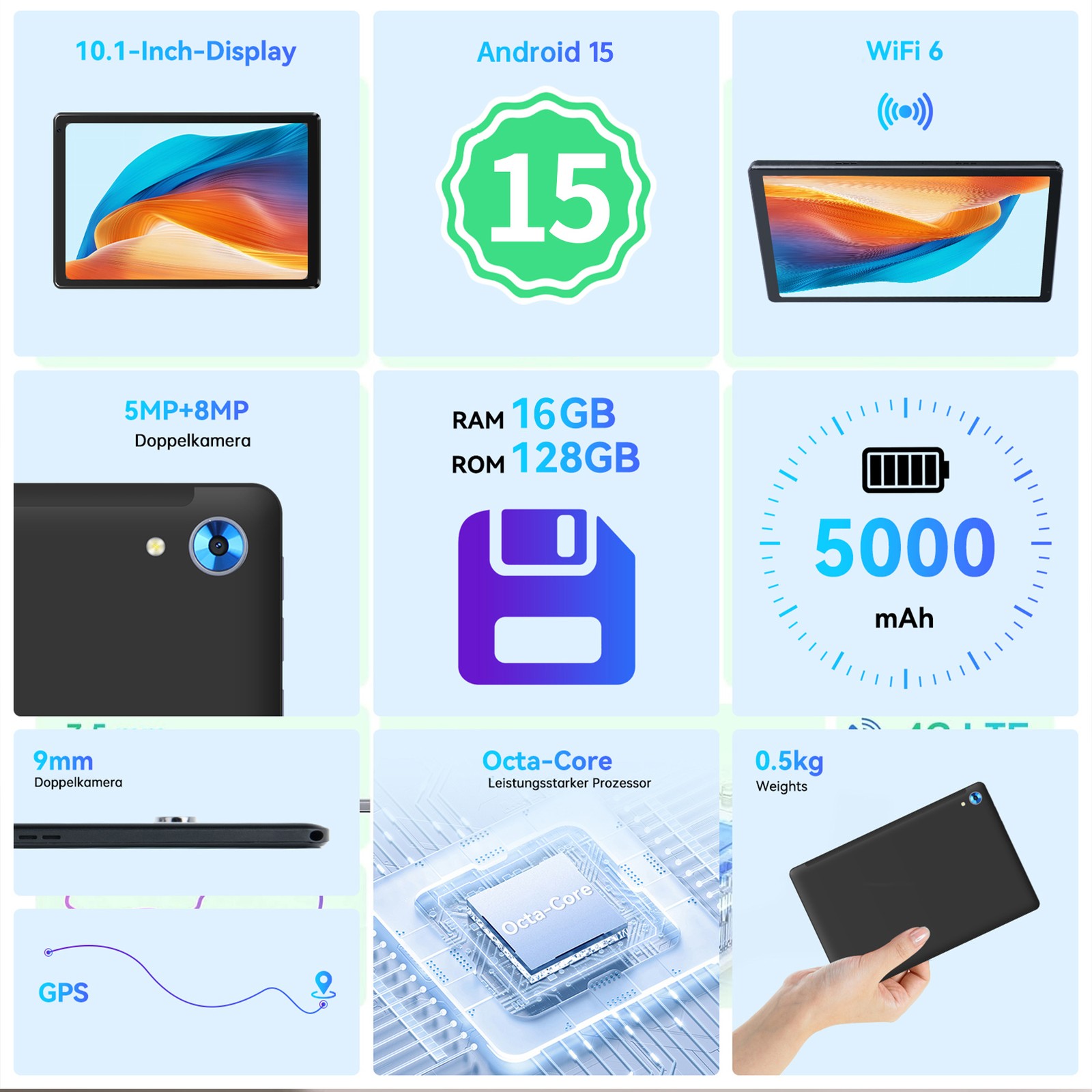 10.1 inch Android Tablet 64GB 128GB IPS Touchscreen Octa-core Processor Wi-Fi 6