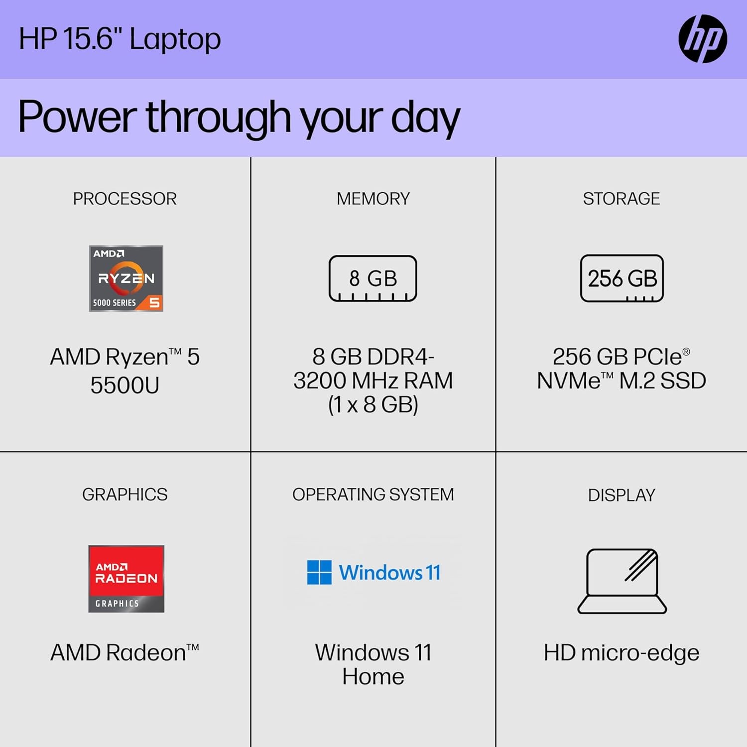 HP 15 inch Laptop, HD Display, AMD Ryzen 5 5500U, 8 GB RAM, 256 GB SSD Win 11