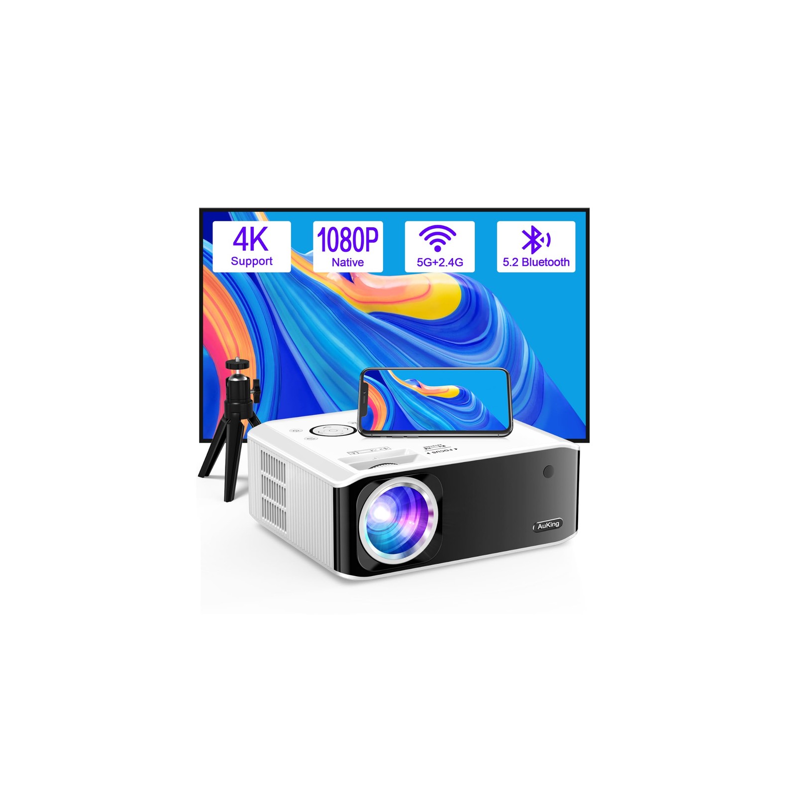 Auking 3000ANSI 4K Outdoor Projector with WiFi and Bluetooth, Glacier White