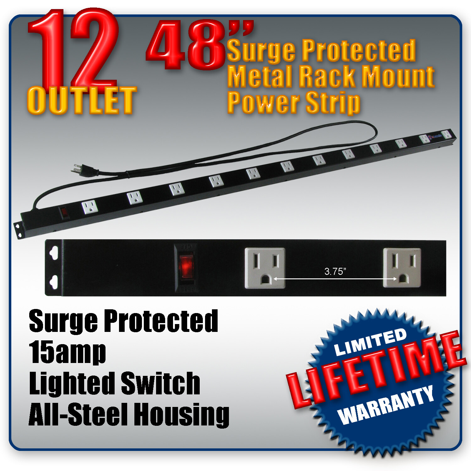 48″ 12 Outlet Metal Rack Mount Power Strip Surge Protected Lighted Power Switch