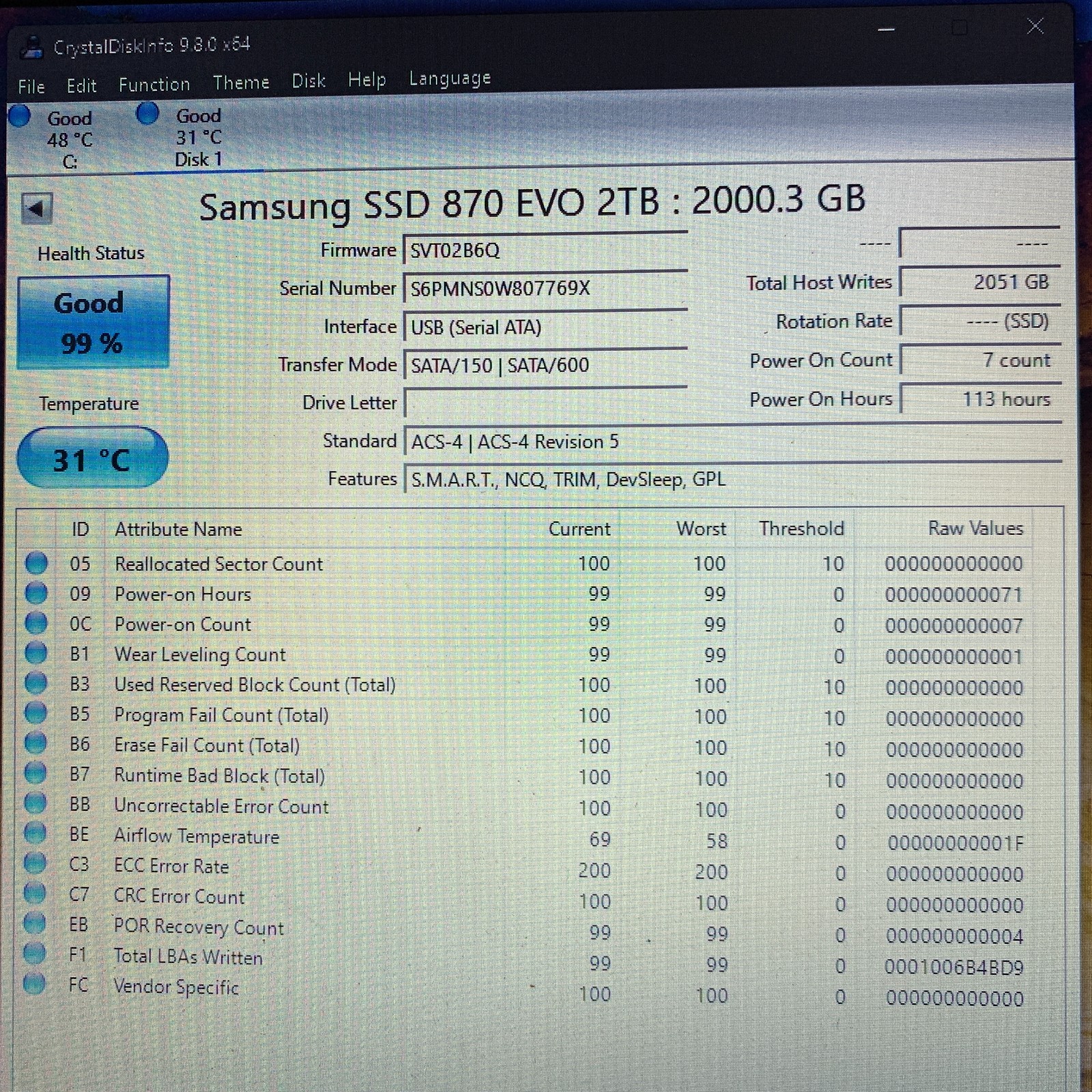 Samsung 870 EVO 2TB 2.5″ SATA III Internal SSD MZ-77E2T0 99-100% Health