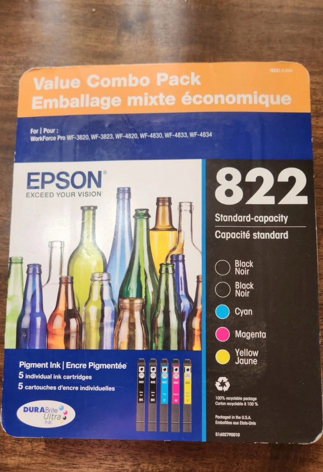 5 EPSON 822 INK CARTRIDGES 2 Black 3 color C/M/Y NEW SEALED 2026+