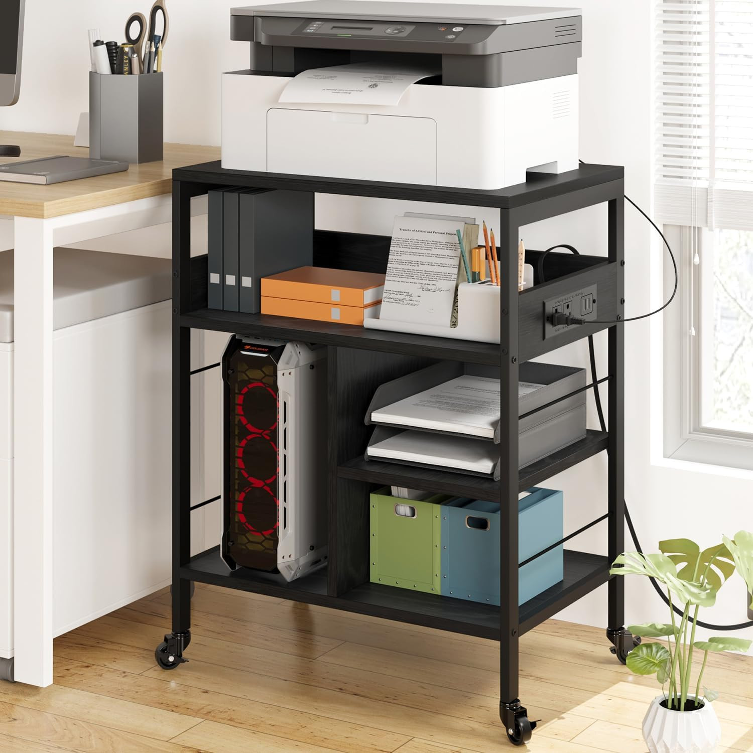 Printer Stand with Power Outlets and USB Charging Ports, Large Printer Table wit