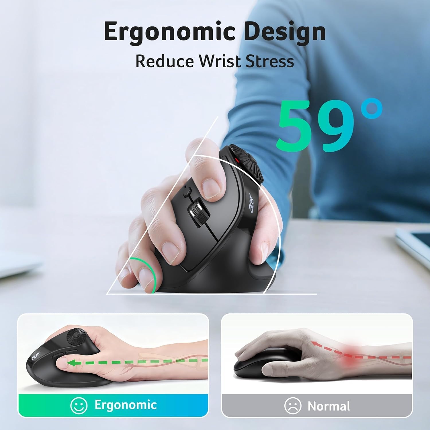 acer Ergonomic Mouse Wireless with Side Scroll Wheel, Bluetooth Mouse for Laptop