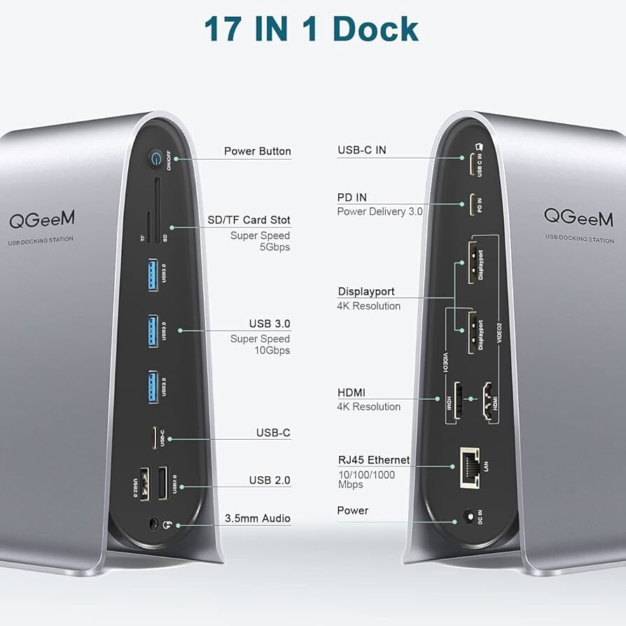 QGeem 17-in-1 USB 3.0 Universal Laptop Docking Station Dual Monitor Hdmi Openbox