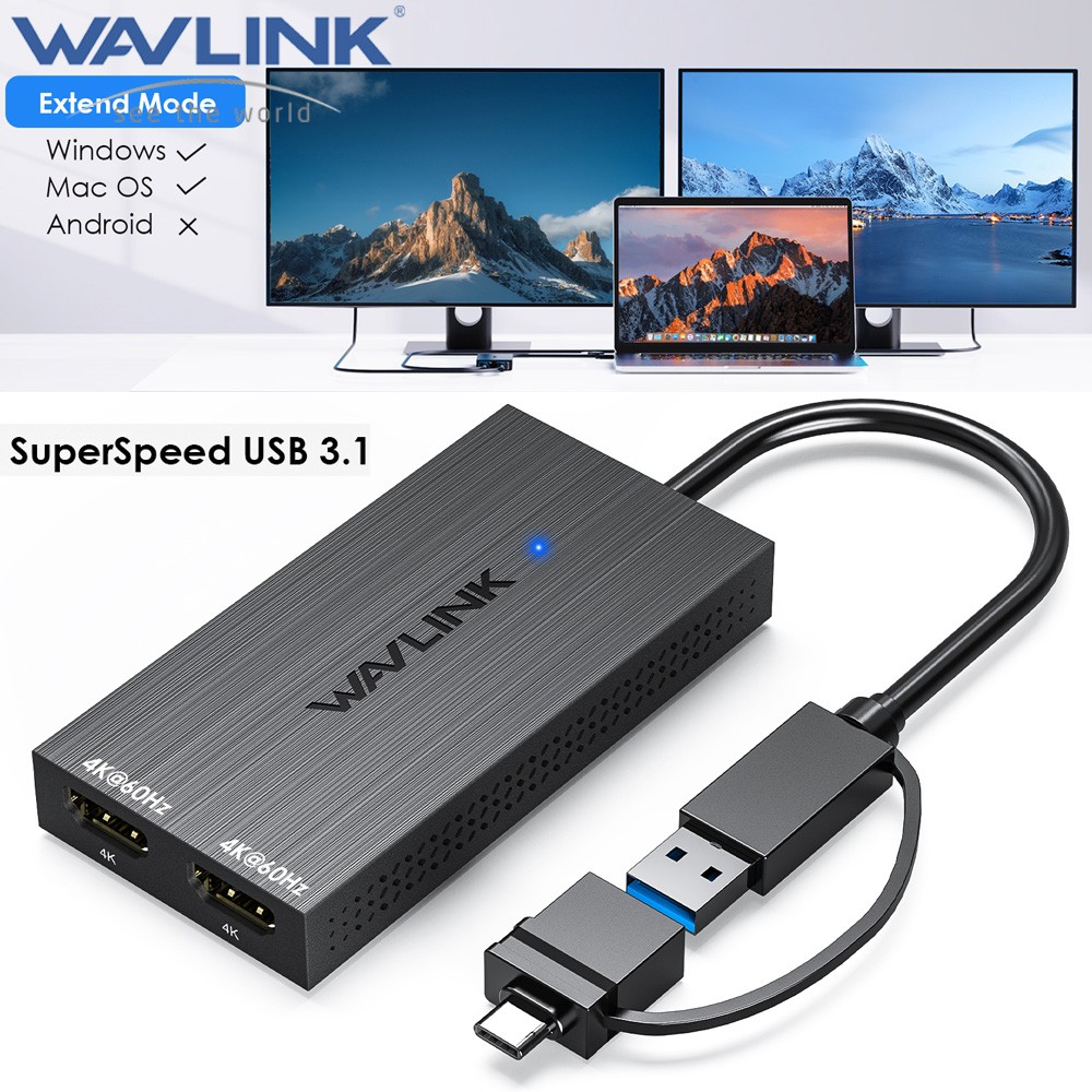 WAVLINK 4K@60Hz DisplayLink Hub USB C to Dual HDMI Adapter 2 Monitors 2-in-1