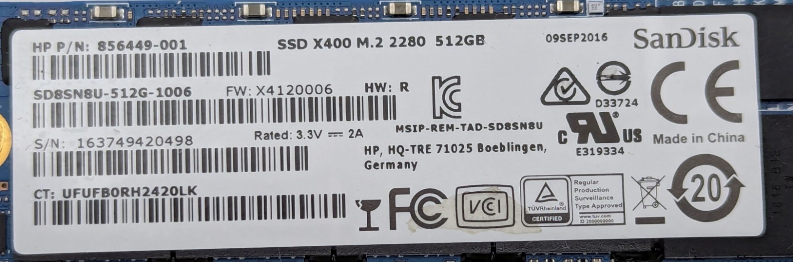 SanDisk X400 512GB M.2 SATA SSD (NOT NVMe) 2280 SD8SN8U-512G HP 856449-001