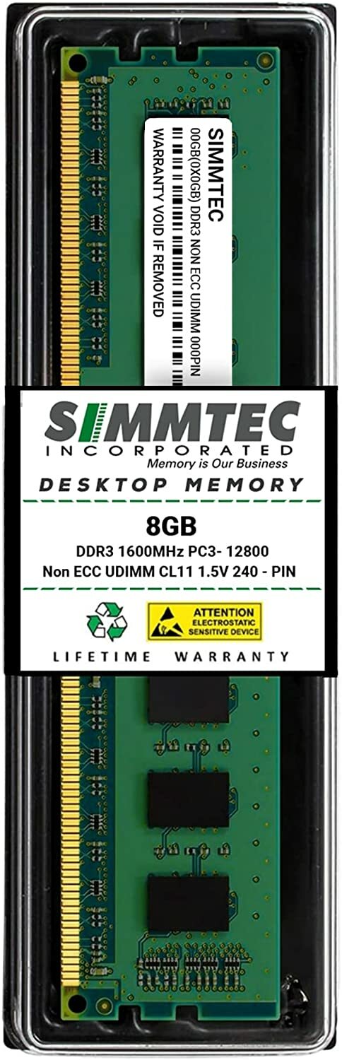 Simmtec 8GB DDR3 1600MHz DIMM PC3-12800 UDIMM Non-ECC 2Rx8 Dual Rank 1.5V CL11 2