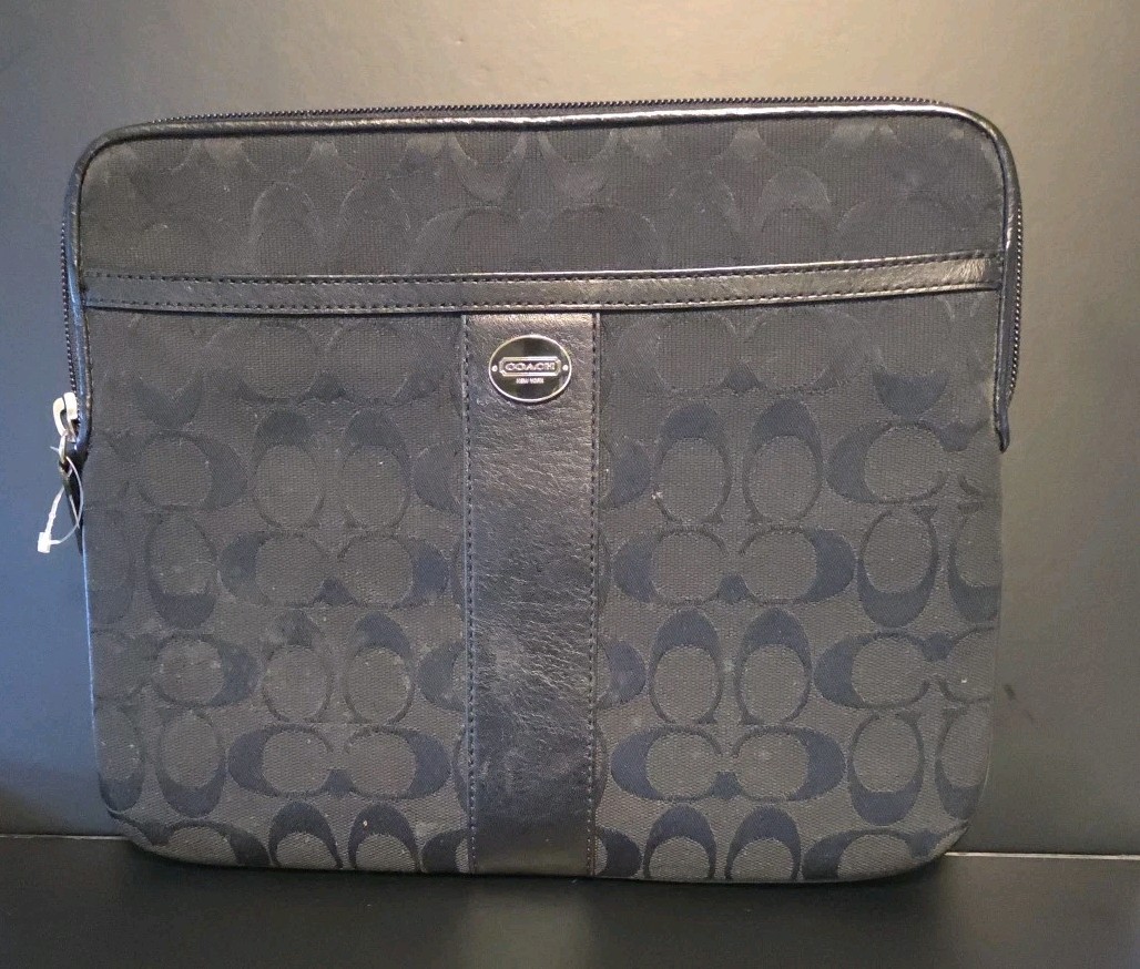 Coach Black/Black 2 Signature Zip Around Tablet Sleeve, 10″ Device, W/ Bag Charm