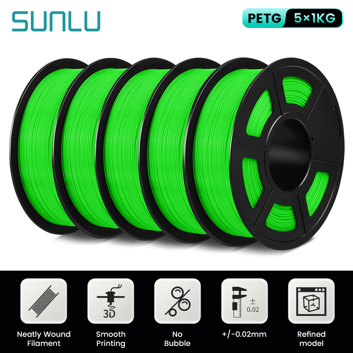 SUNLU 5×1KG PETG Filament High Toughness 1.75MM for 3D Printing Material