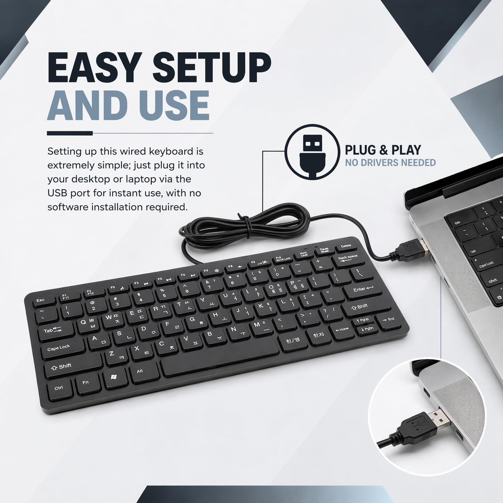 Wired Korean Keyboard, 78 Keys Spill Proof Slim Hangul Layout Keyboard, USB P…