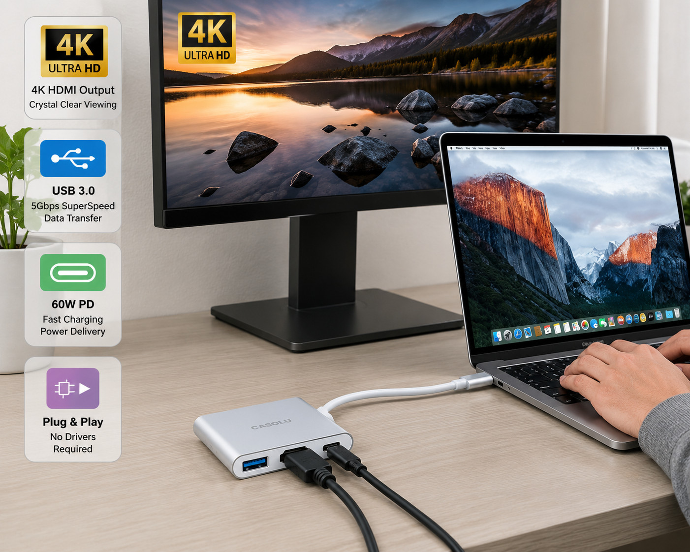 USB C to HDMI Adapter 4K USB-C Hub PD 60W USB 3.0 Multiport Converter