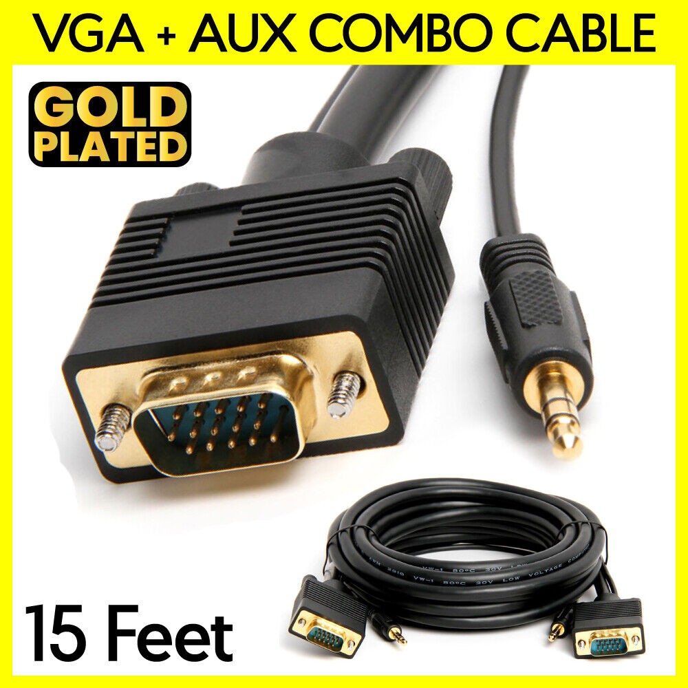 15 Feet VGA Cable with AUX SVGA + 3.5mm Monitor Cord Super VGA Audio Video Cable