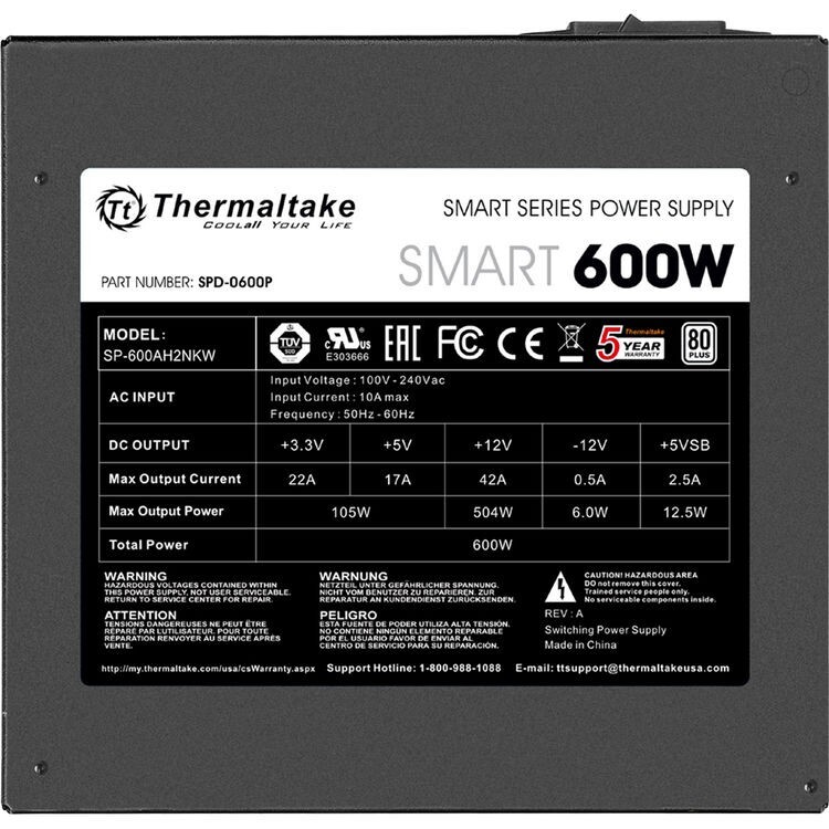 Thermaltake SMART 600W ATX 12V V2.3EPS 80 Plus Certified Active PFC Power Supply