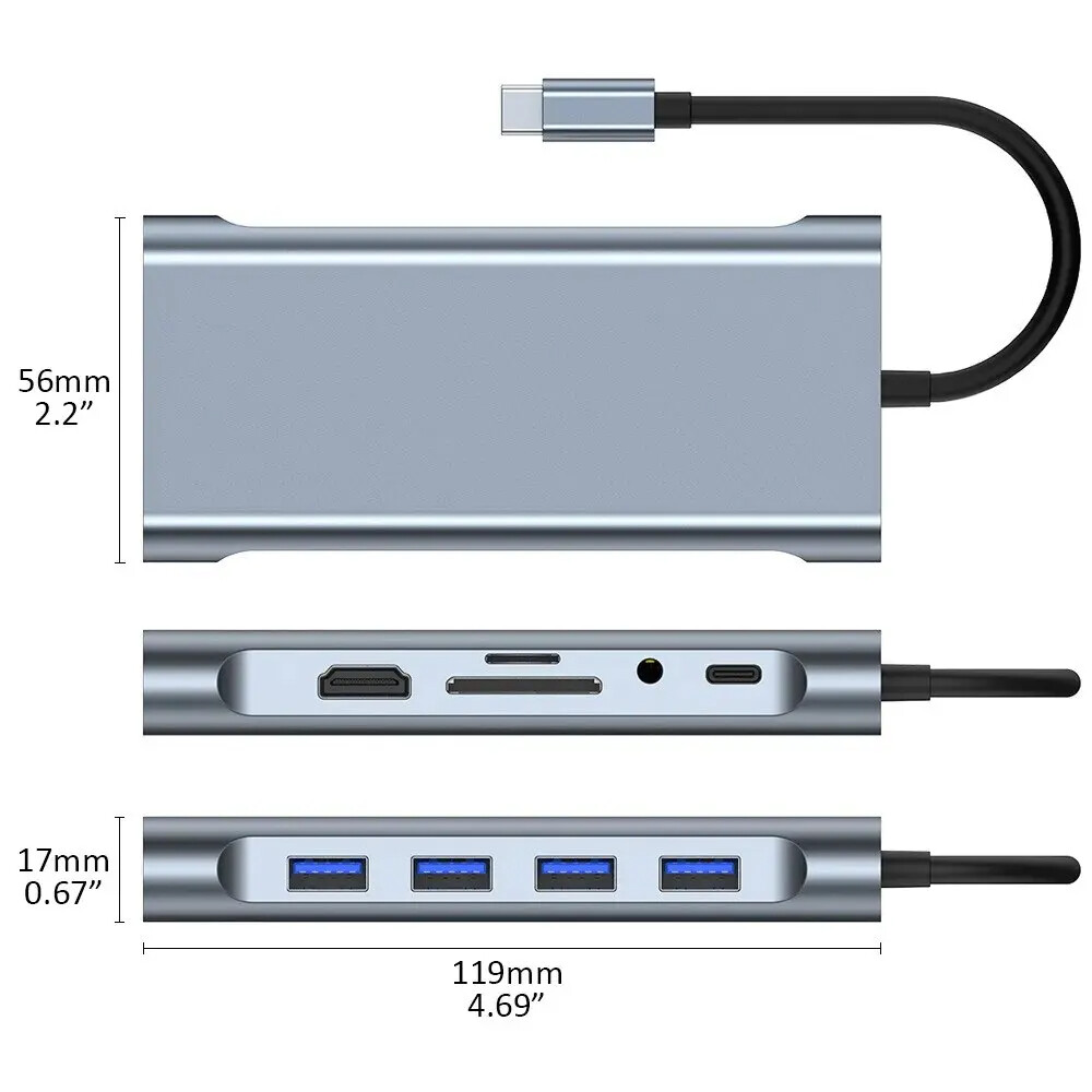 11in1 Type C Hub USB-C To USB 3.0 2.0 HDMI VGA Multi-Hub Dock TF/SD Card Reader