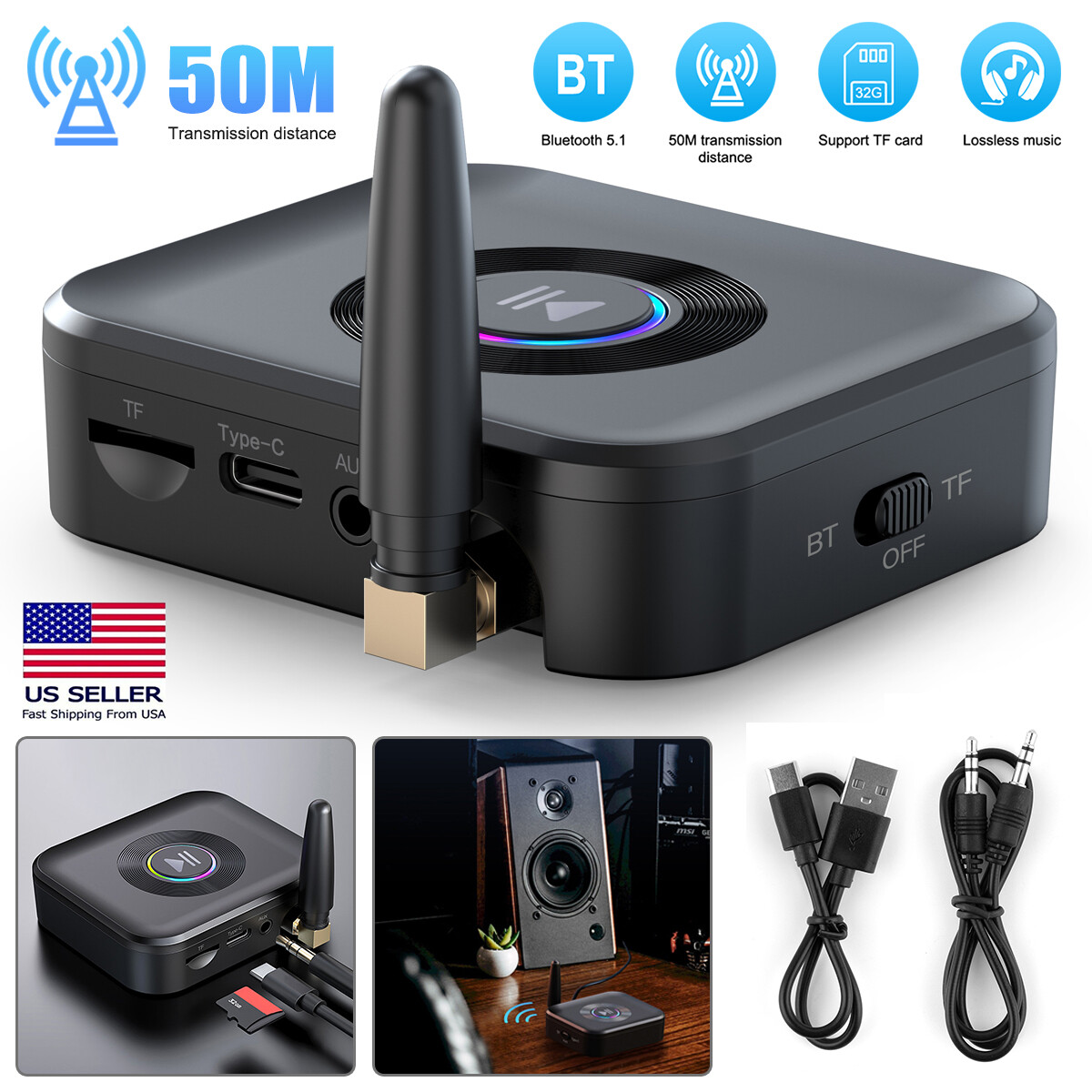 Bluetooth 5.1 Receiver Wireless 3.5mm Jack AUX to 2 RCA Audio Stereo Adapter US