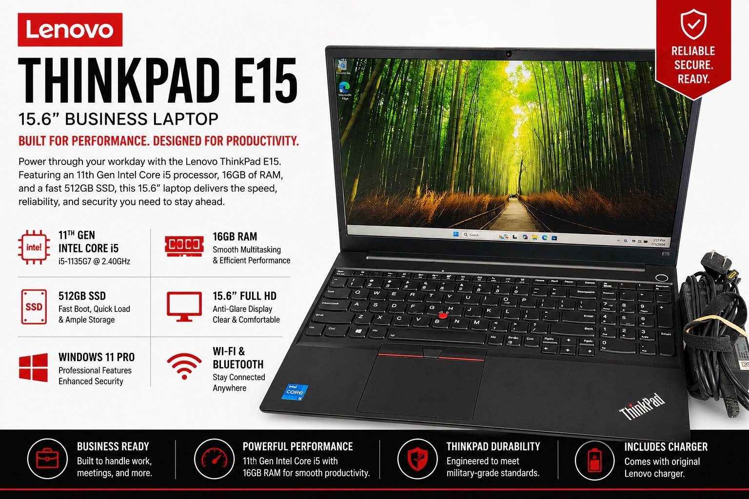 Lenovo ThinkPad E15 15.6″ I5-1135G7@2.4GZ 16GB RAM 512GB SSD Windows 11P