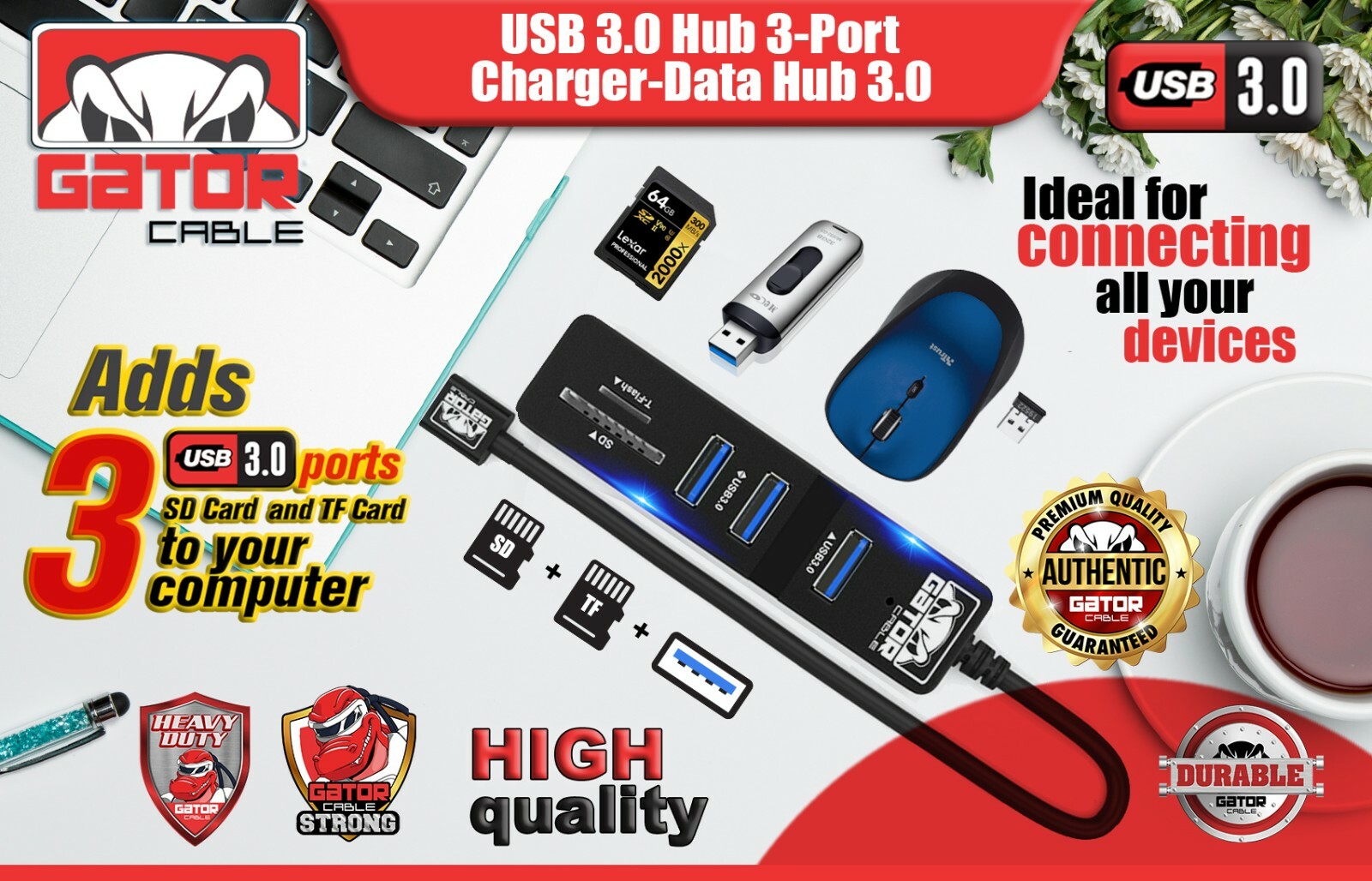 USB 3.0 HUB 3-Port Charger Data Sync SD TF Card Reader for PC Mac Laptop Desktop