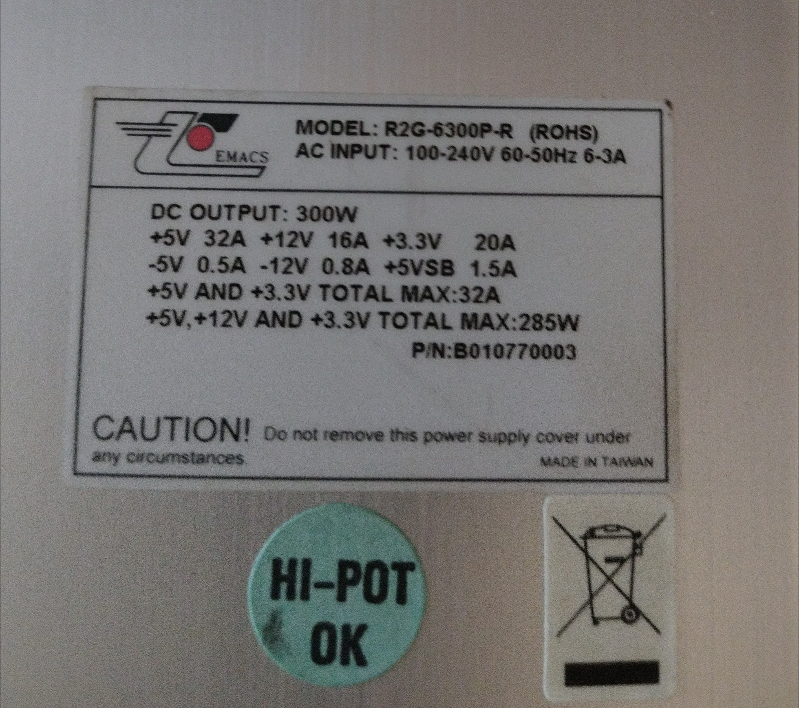 EMACS / ZIPPY server power supply – R2G-6300P-R – 300W – hot plug