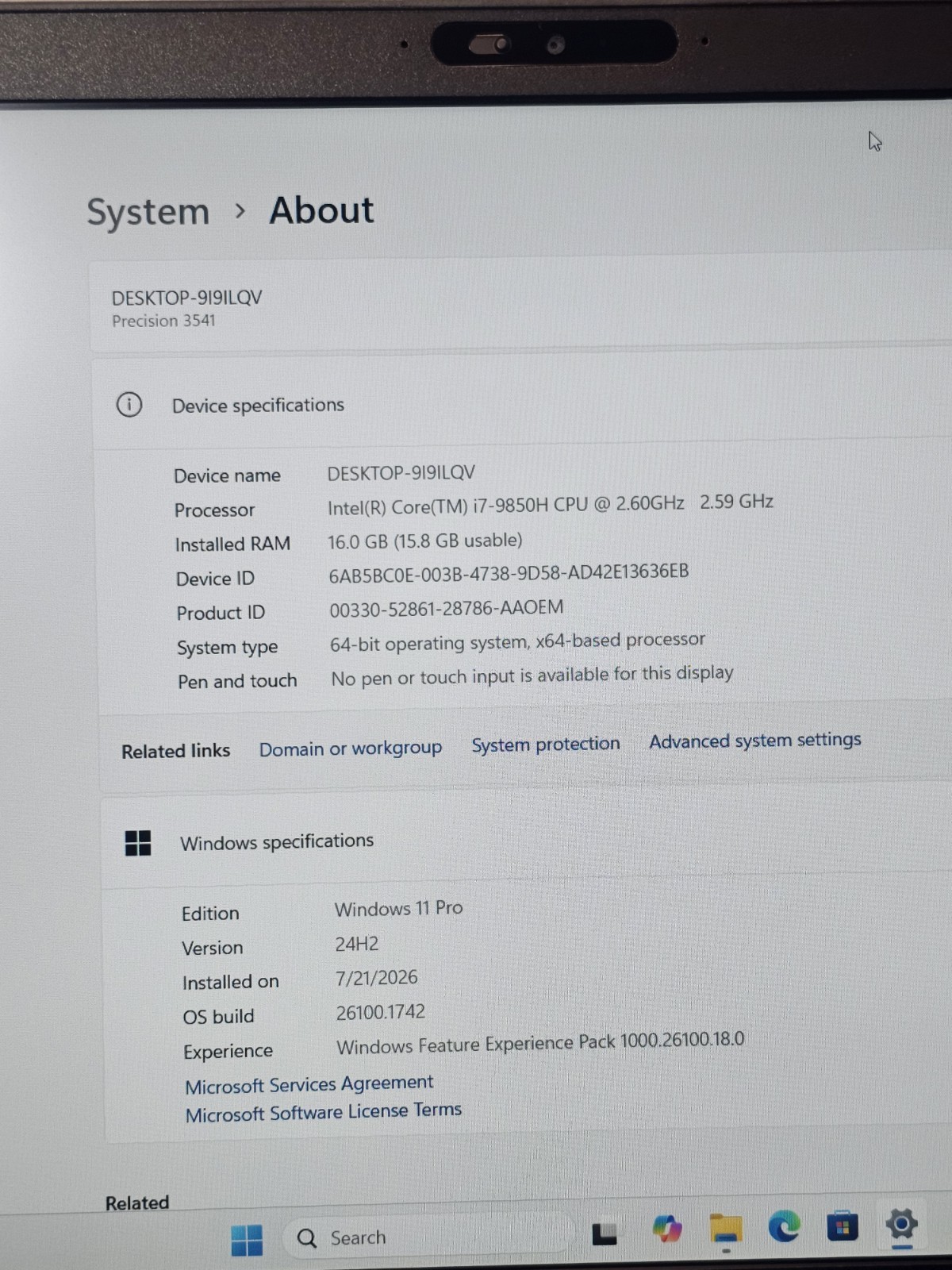 Dell Precision 3541 Intel Core i7-9850H 16GB RAM 1TB SSD 15.6″ Win11 Pro Laptop