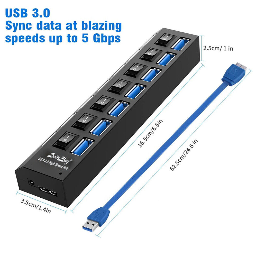 USB 3.0 Hub 7 Port On/Off Switch High Speed Splitter AC Adapter Cable PC Laptop