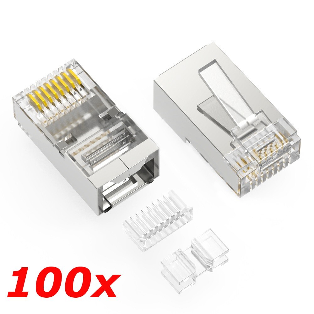 100 Pack – RJ45 8P8C Shielded CAT6A 3-Piece Crimp-On Connector Plugs Ends