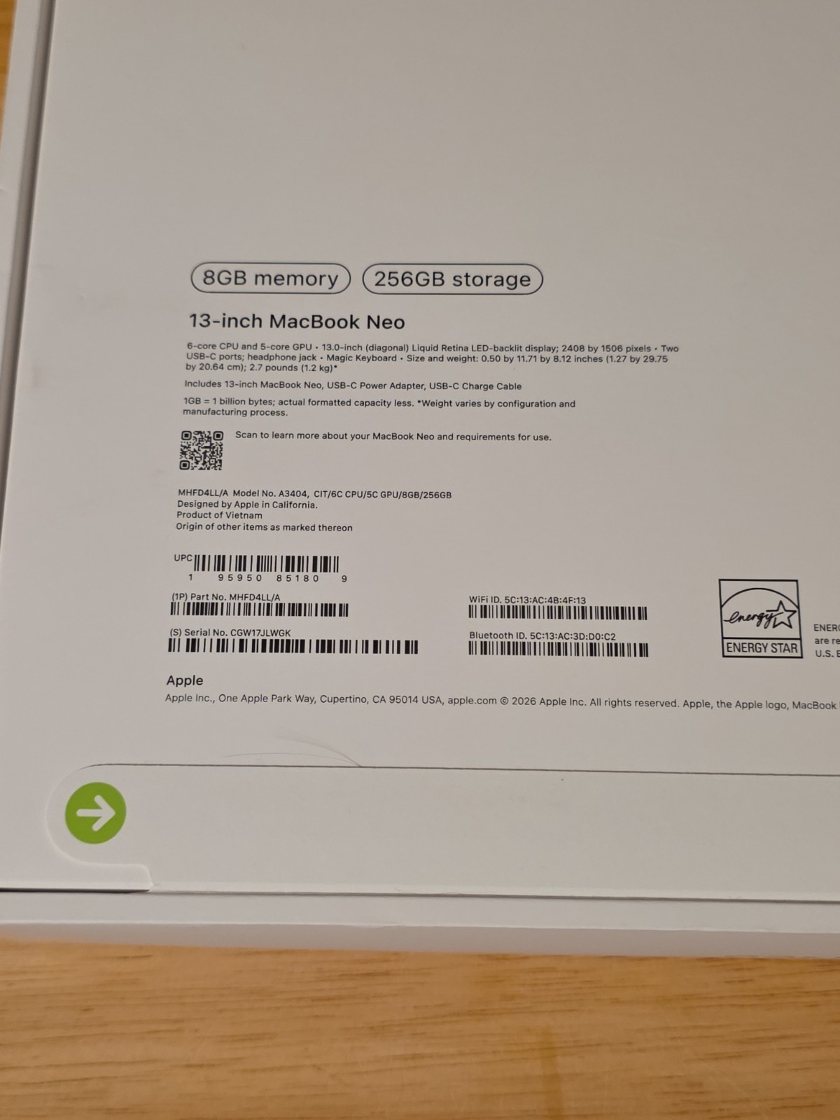 2026 Apple MacBook Neo 13″ 5C GPU 4.0GHz 8GB RAM 256GB SSD MHFD4LL/A
