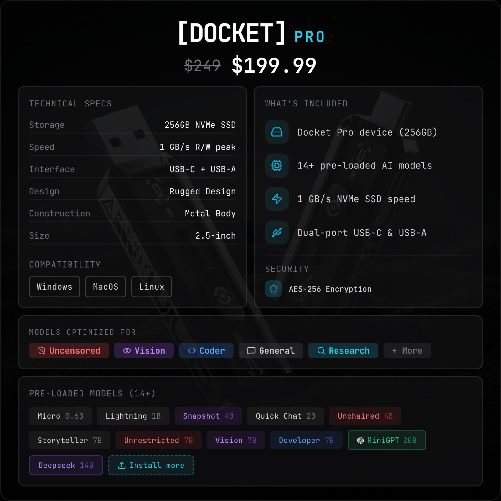 Docket Pro Offline AI 14+ Models 256GB Portable High-Speed SSD, USB-C/A,