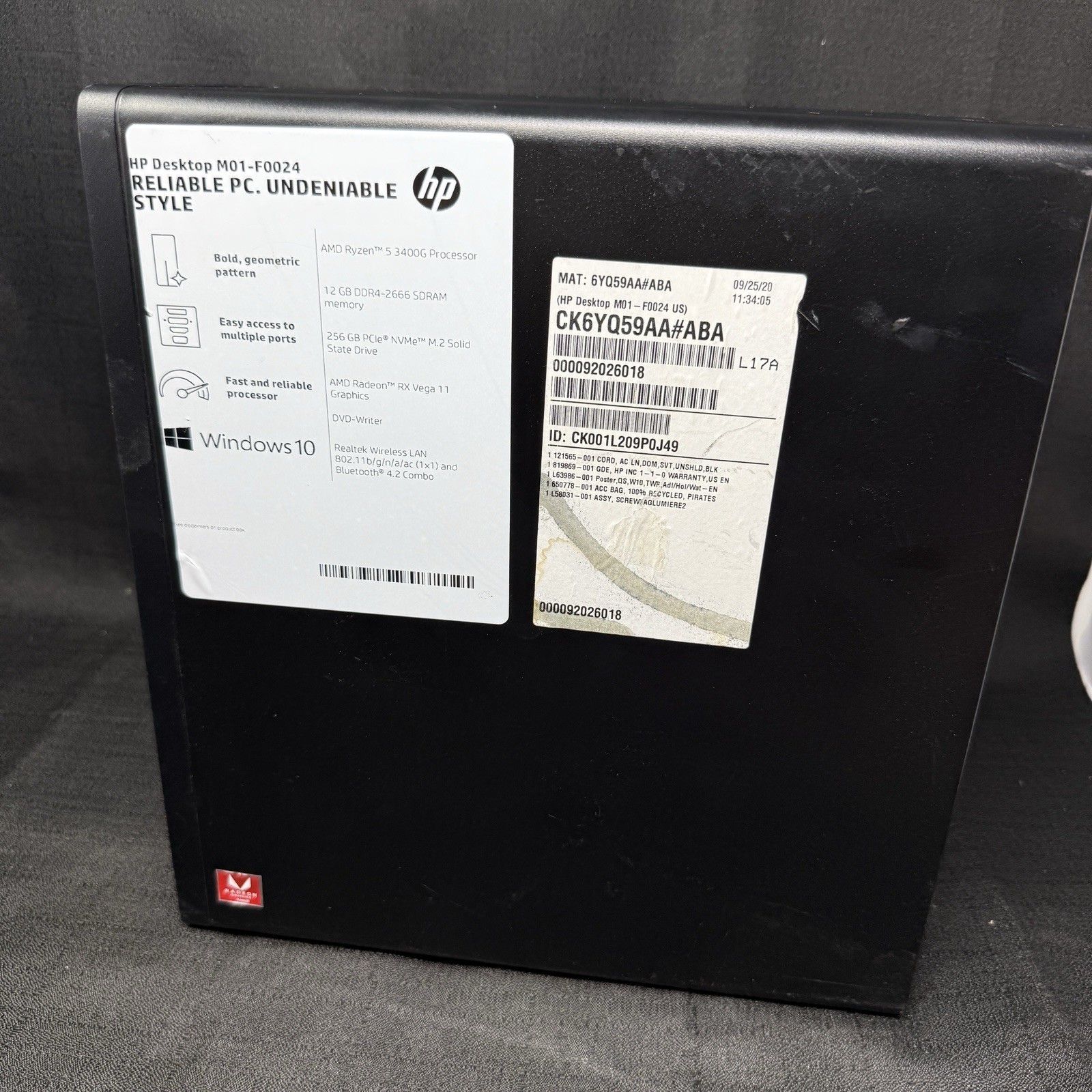 HP Desktop M01-F0024 Ryzen 5 3400G 12GB RAM 256GB SSD RX Vega 11