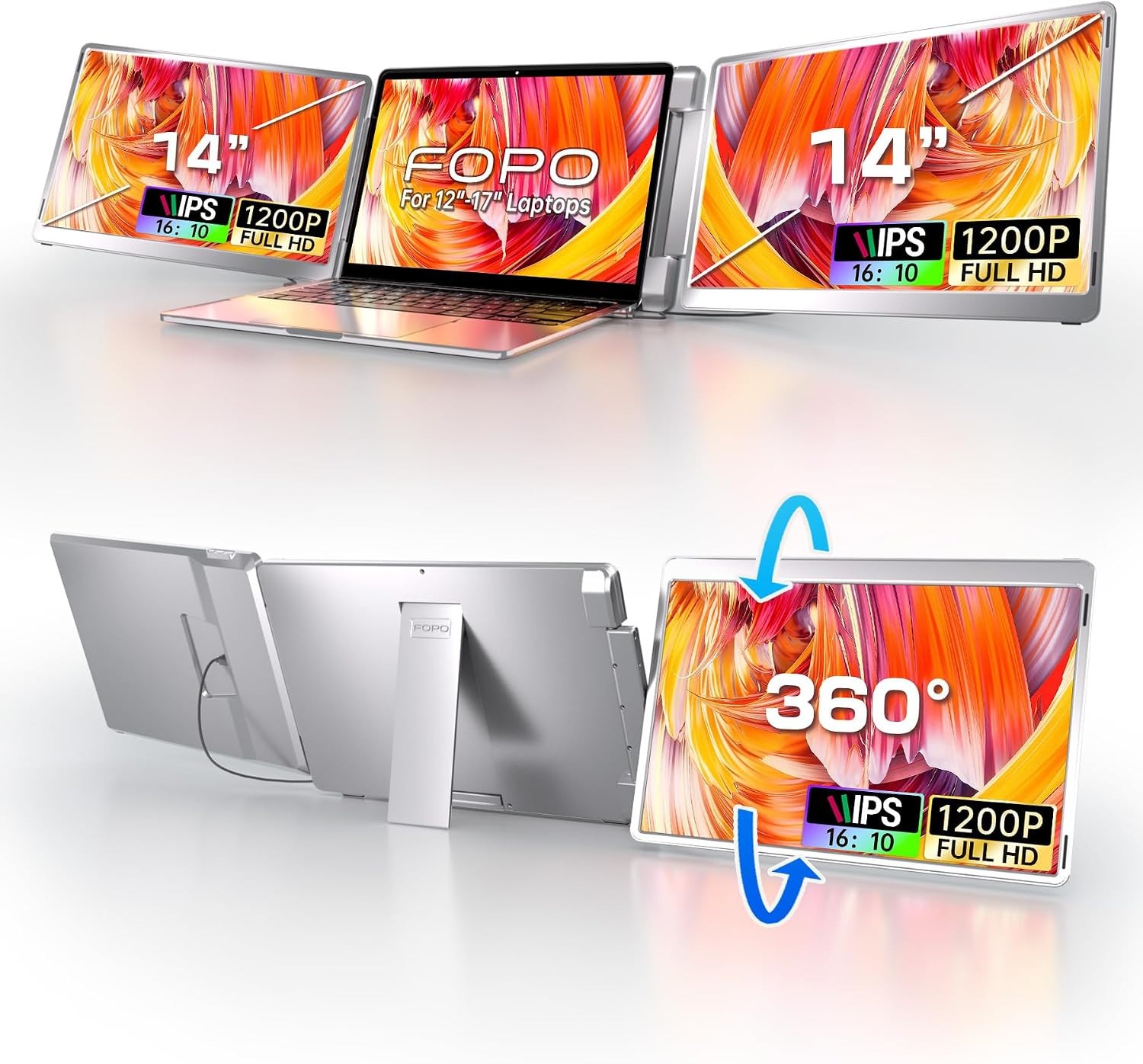 14″ Triple Monitor Laptop Screen Extender- FHD 1200P 16:10 for 12-16.5″ Laptops