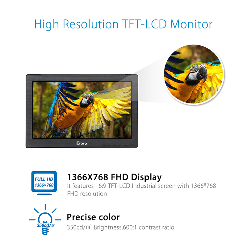 Eyoyo 12″ TFT LCD Monitor with AV BNC HDMI VGA Input 1366×768 for PC CCTV Game