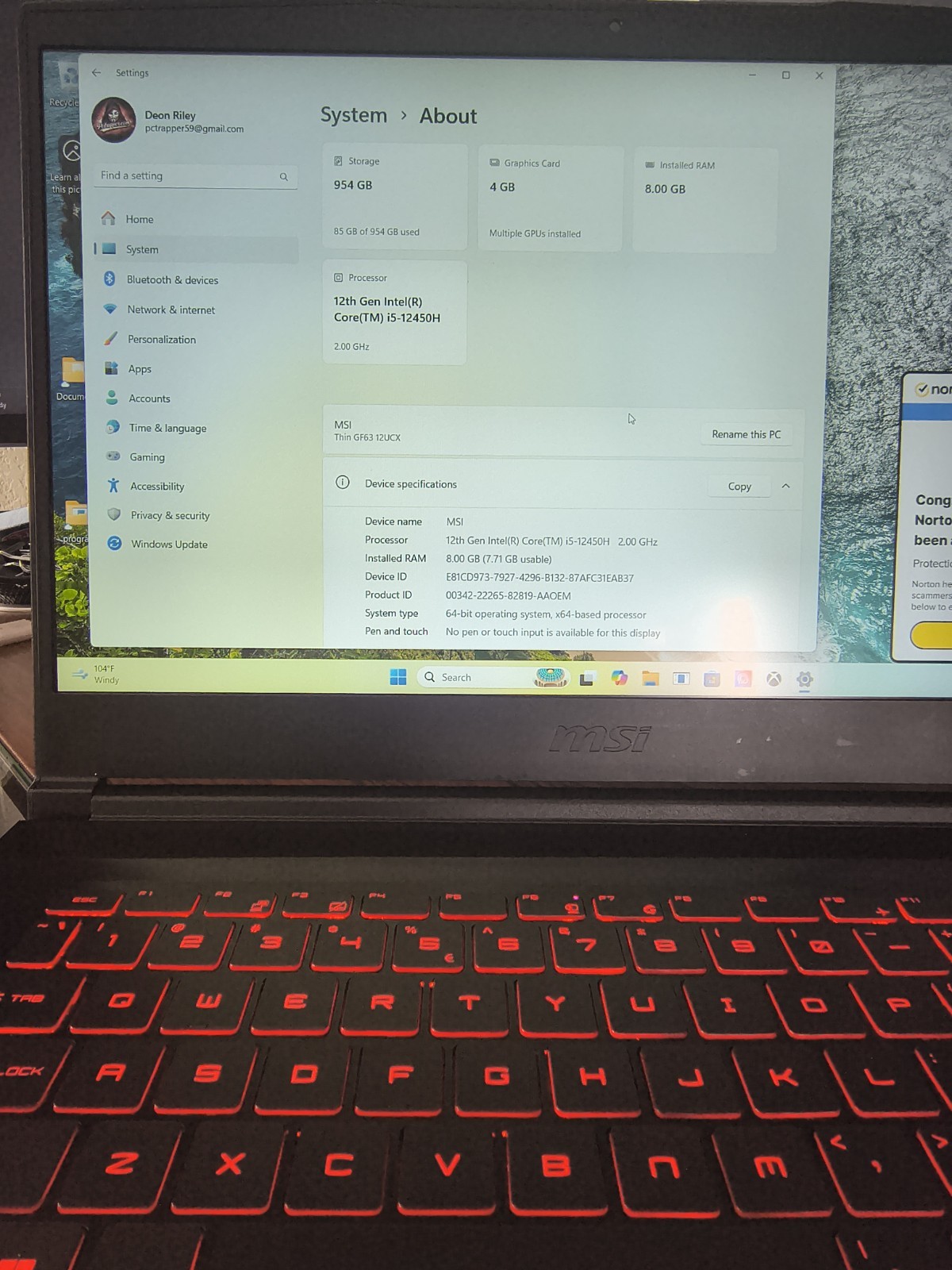 MSI 15.6″ Gaming Laptop Thin GF63 12UCX i5 8GB 954GB SSD Win 11 Black