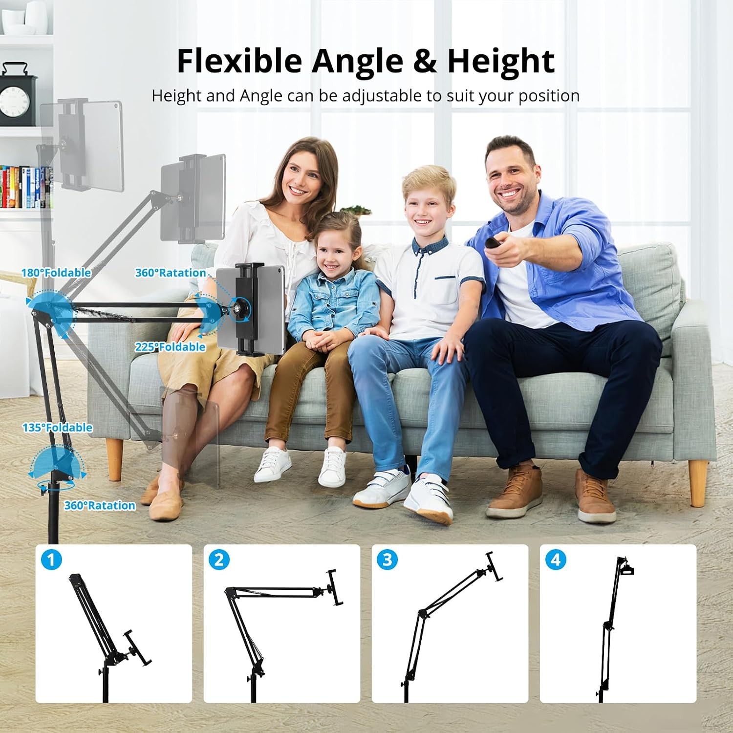Tablet Floor Stand Overhead Bed Phone Mount Height Adjustable Arm Stretchable