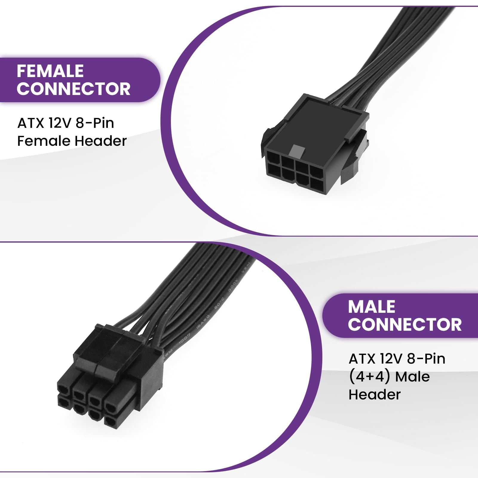 2 Pack CPU 8 Pin ATX Power Extension Cable, EPS 8 PIN Male (4+4) to 8 PIN Fem