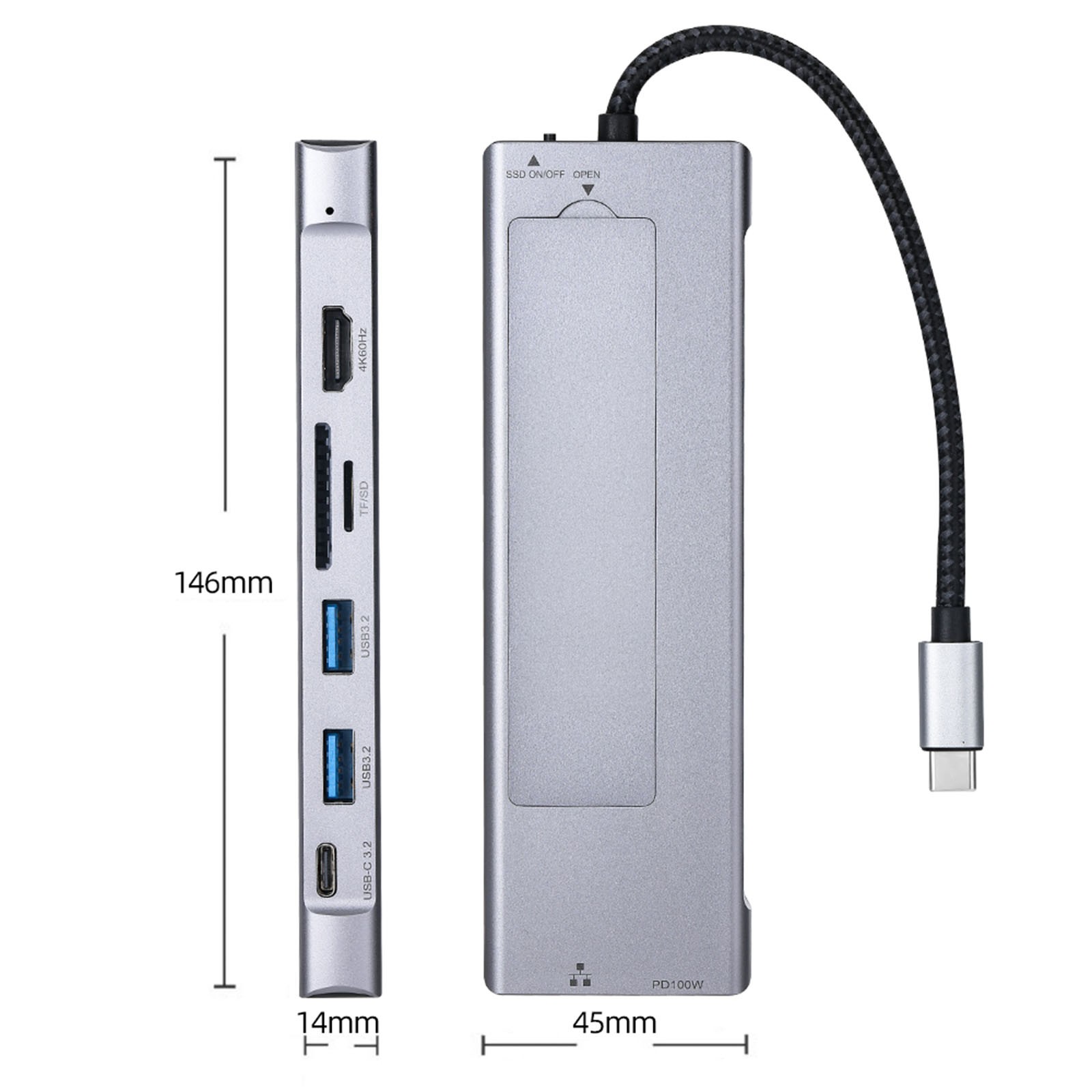 USB C Hub with M.2 NVMe SSD Enclosure 4K/60Hz PD Type-C USB 3.2 Ethernet SD/TF