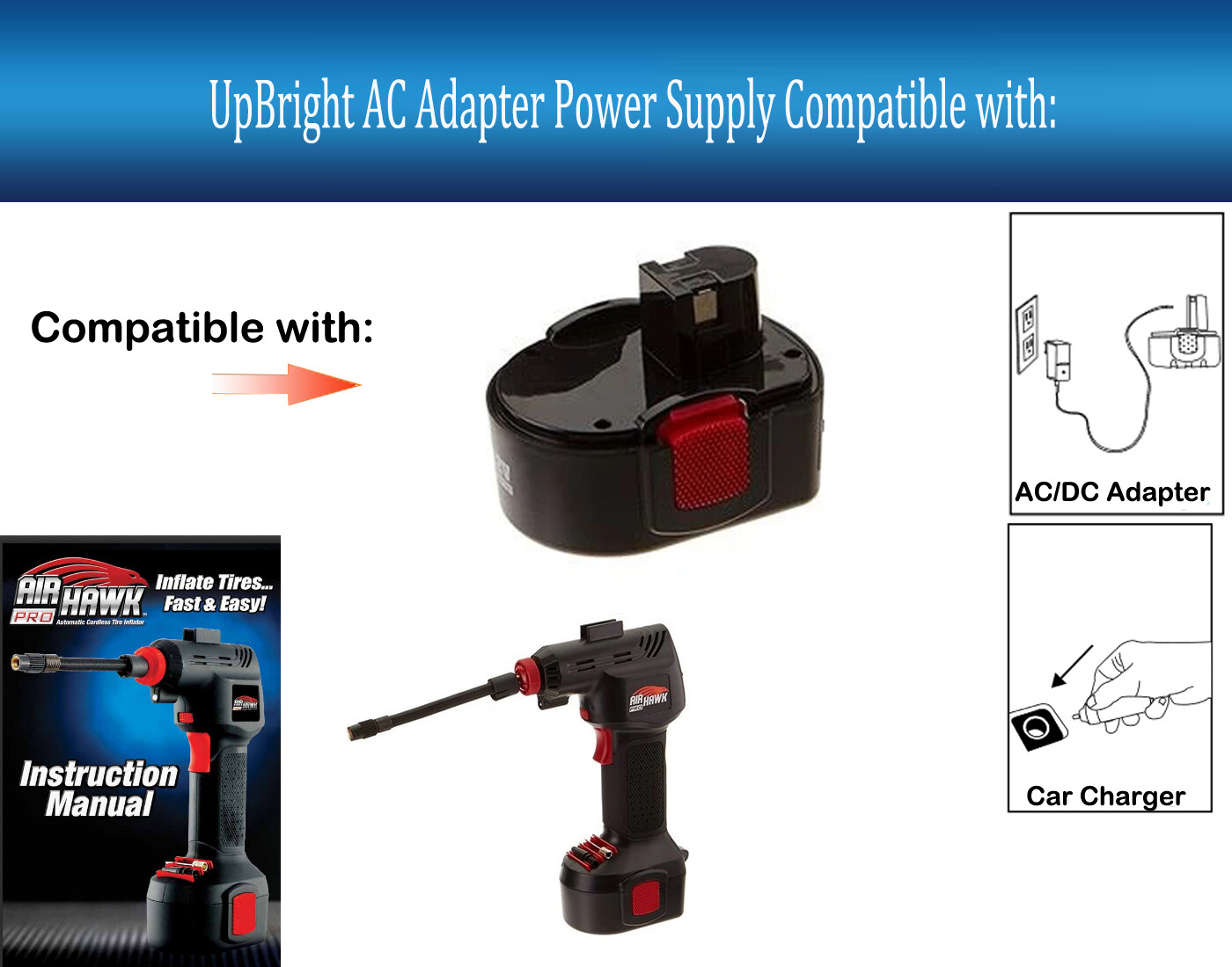 AC/DC Adapter For Air Hawk Pro Portable Automatic Cordless Tire Inflator AirHawk