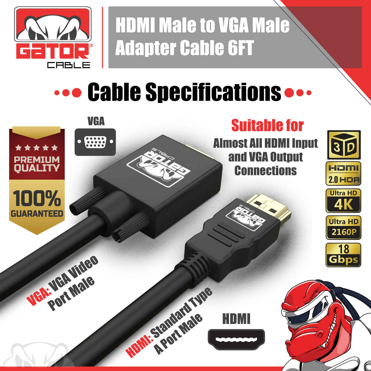 HDMI to VGA Cable Converter Adapter For HDTV PC Desktop Monitor Video 1080P 6FT