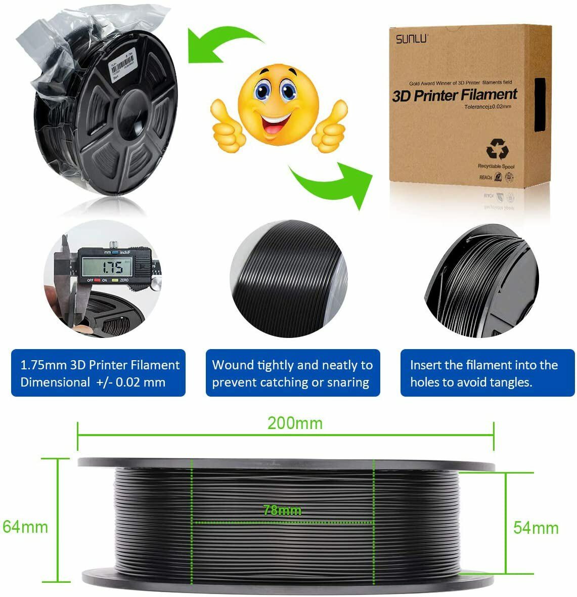 SUNLU PLA+ PLA ABS PETG 3D Printer Filament 1KG/0.25KG 1.75mm Black No-Knot