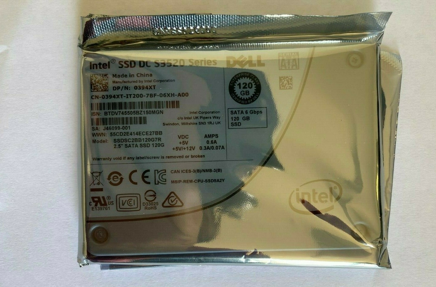 394XT 0394XT SSDSC2BB120G7R DELL 120GB 6G SFF 2.5” SATA SSD SOLID STATE DRIVE